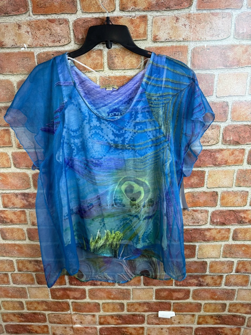 Blue Peacock-Print Chiffon overlay Women's Top - Picture 2 of 7